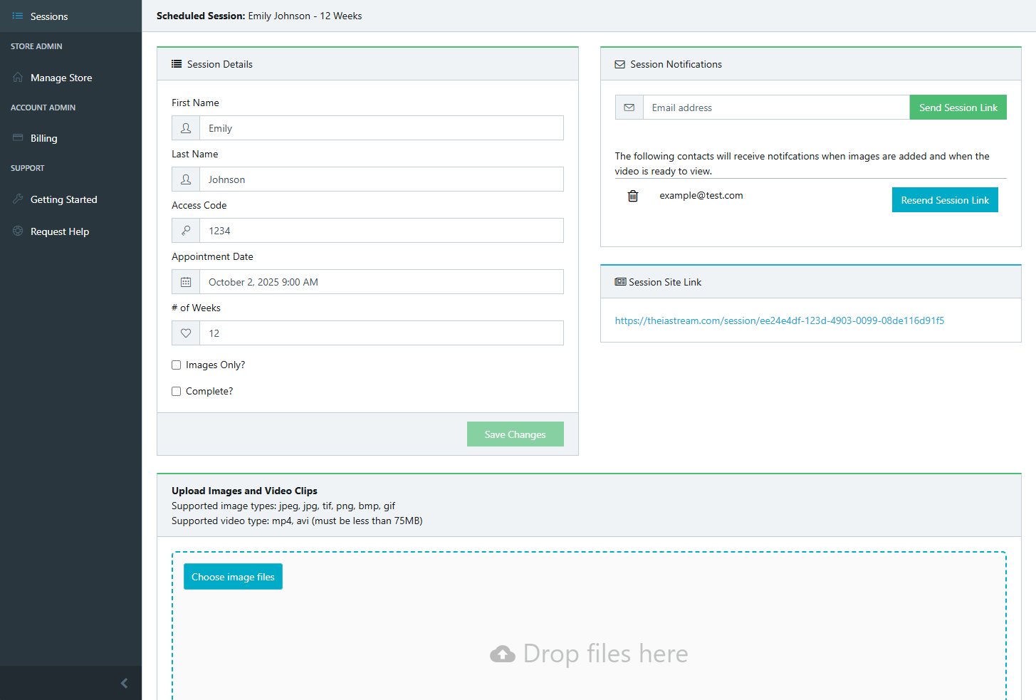 Session content management dashboard - Light Mode