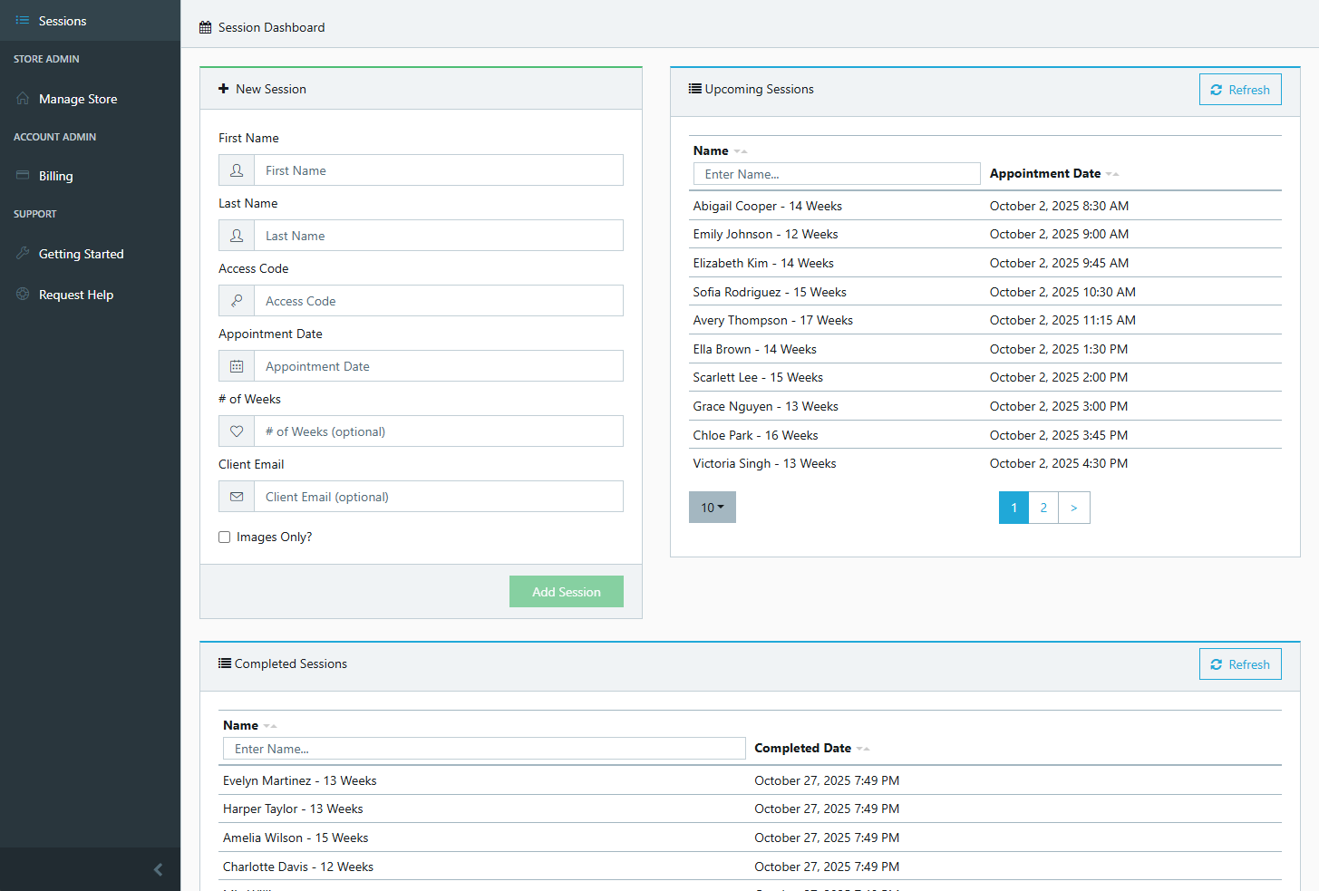 Session scheduling and management dashboard - Light Mode